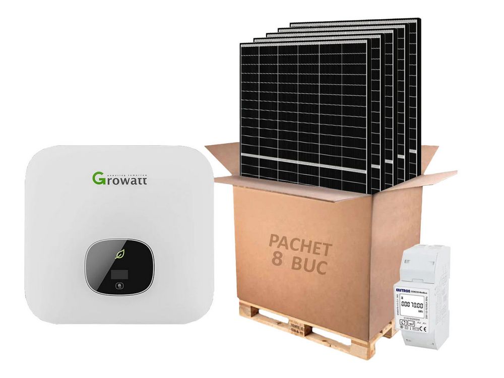 Kit invertor hibrid monofazat 3.6kW, 8 panouri fotovoltaice si contor inteligent, Growatt KIT-MIN-3600-TL-XH(AFCI)
