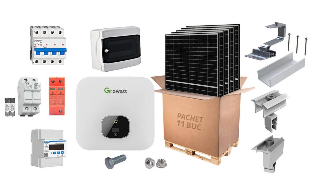 Sistem fotovoltaic complet, invertor On-Grid trifazat 5kW, 11 panouri fotovoltaice, Smart meter, accesorii de prindere, Growatt KIT-MOD5000-TL3-X(AFCI)
