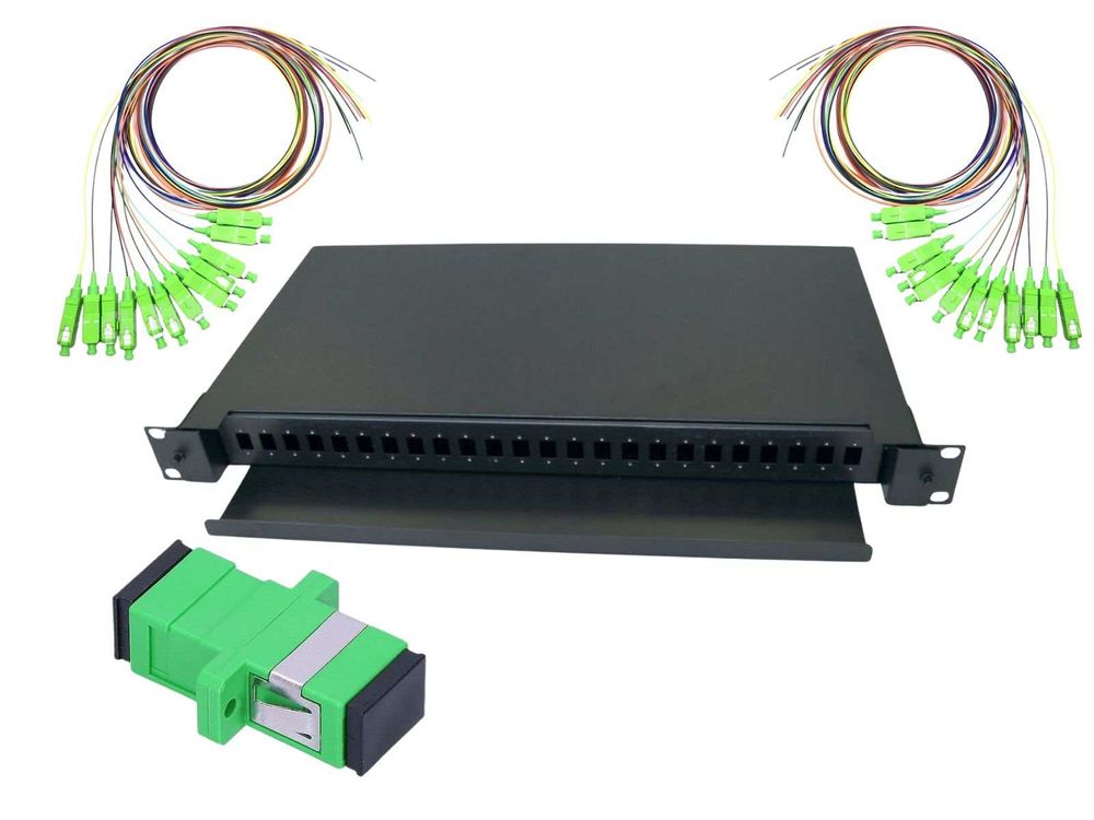 Set patch panel pentru rack cu 24 porturi, 1U, pigtails SC/APC single mode, adaptori fibr optica SC/APC simplex, Braun Group, KIT-PPS-24EMPT-S