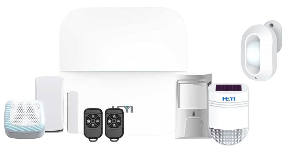Kit sistem alarma wireless antiefractie Heyi, GSM, Wi-Fi, 2 zone, 2 detectori miscare, 10 senzori miscare, sirena exterior si exterior, KIT-HEYI-W20X10