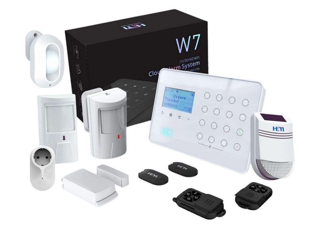 Kit sistem alarma wireless antiefractie Heyi, GSM, Wi-Fi, 2 zone, priza, detector si senzor miscare, sirena exterior, KIT HY-W7-03