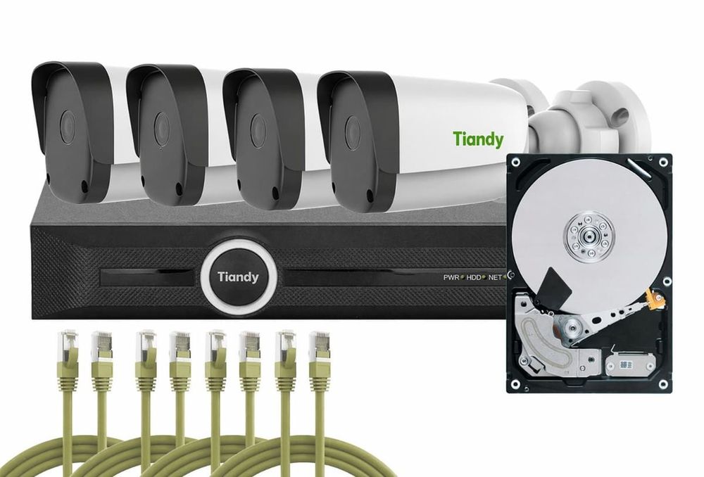 Kit supraveghere complet exterior Tiandy PoE, 4MP, Audio, IP67, Kit-Tia4MPEDUALPOEF