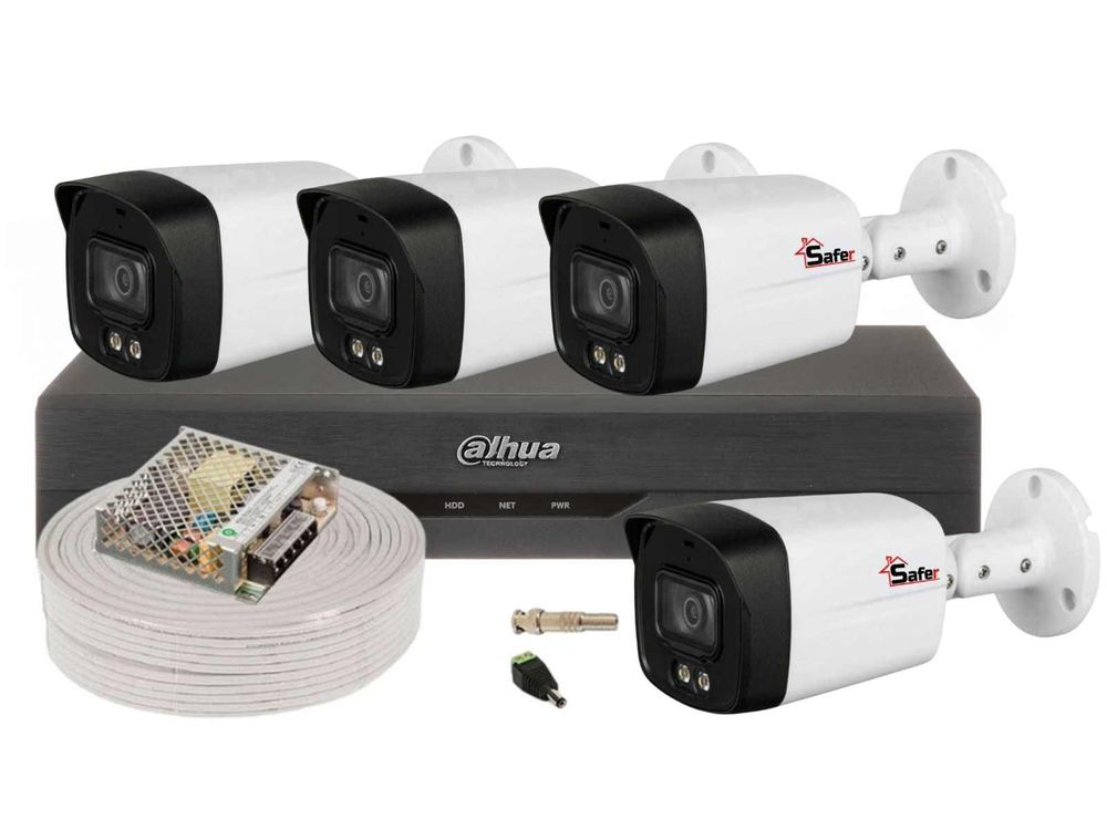 Kit supraveghere exterior Dahua, 4 camere 5MP, Iluminare Duala 40m, IP67, DVR 4 canale, accesorii, KIT5MPEXT40-DAH-I2-TW