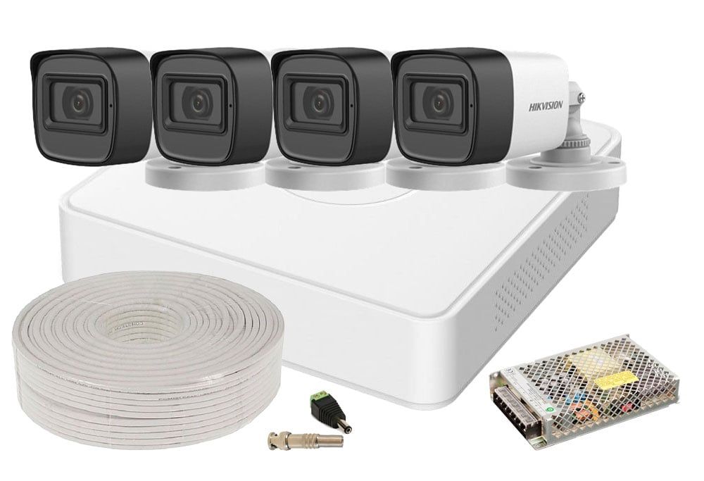 Kit supraveghere 2MP FULL HD, 4 camere cu microfon, lentila 2.8mm, IR 30 M, Hikvision KIT4FHDEXT10A-HIK-1