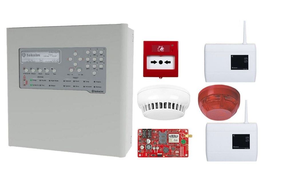 Kit centrala detectie incendiu adresabila, cu modul de comunicare, repetor, buton, sirena, detector, Teknim KIT-TFP2211-TXM5474-ACC