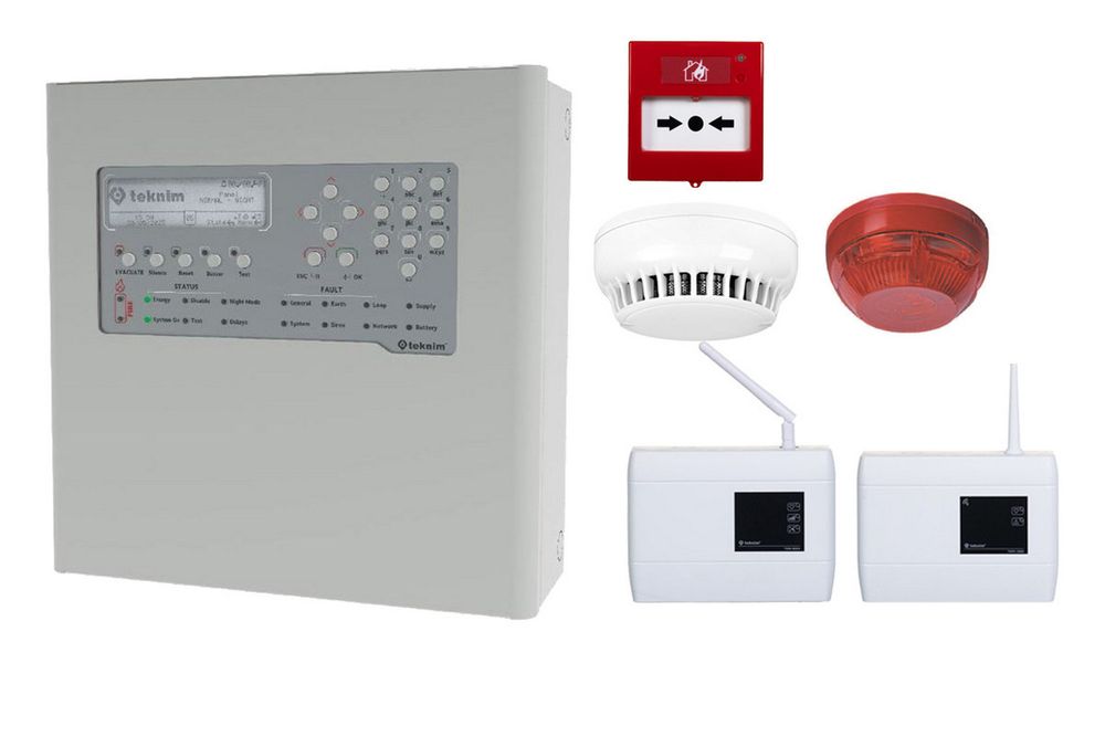 Kit centrala detectie incendiu adresabila, 1 bucla, 72 zone, modul comunicare, detector wireless, repetor, buton, sirena, KIT-TFP2211+TXM0508+ACC