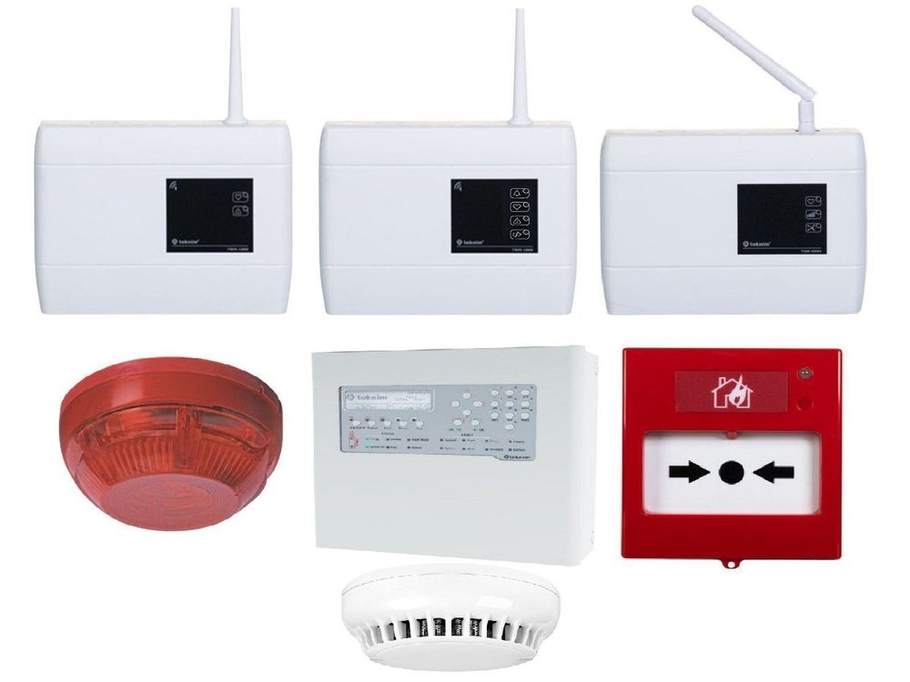 Kit centrala detectie incendiu adresabila cu modul de comunicare, detector fum, repetor, buton si sirena wireless, Teknim KIT-TFP2212-TXM0508-ACC