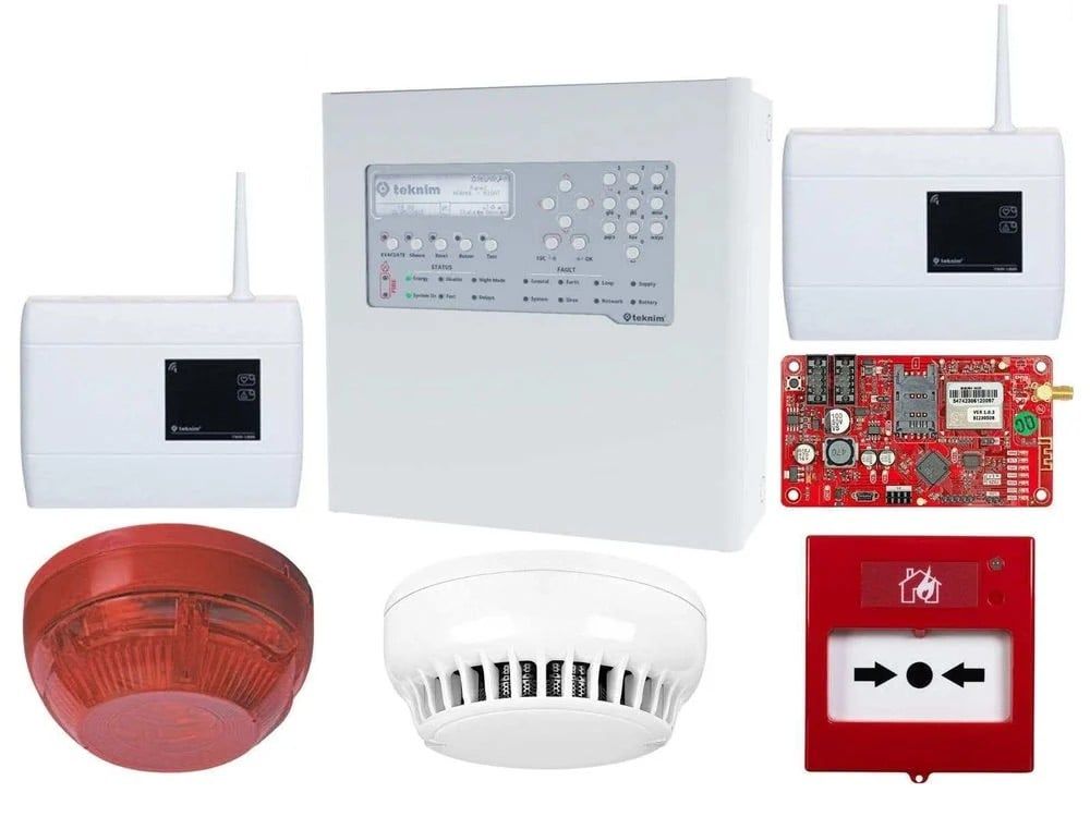 Kit centrala detectie incendiu adresabila cu modul de comunicare, detector fum, repetor, buton si sirena wireless, Teknim KIT-TFP2212-TXM5474-ACC