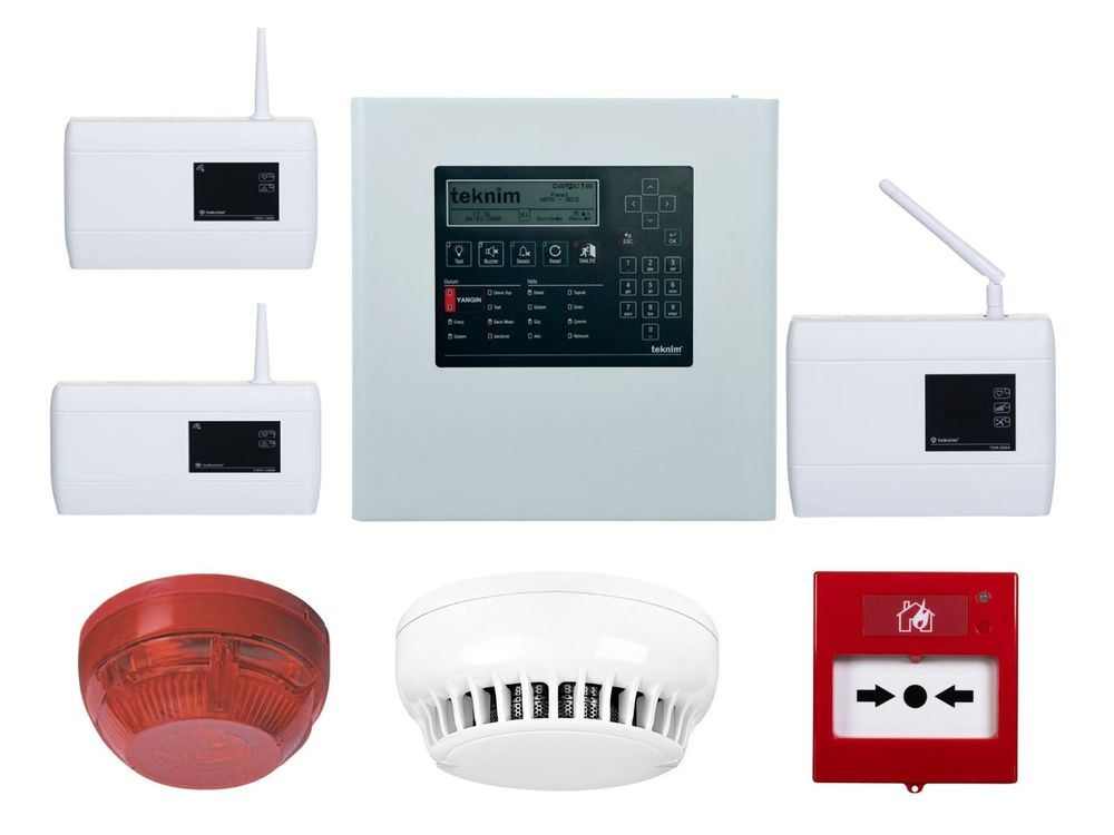 Kit centrala detectie incendiu adresabila cu modul de comunicare, detector fum, repetor, buton si sirena wireless, Teknim KIT-TFP2214-TXM0508-ACC