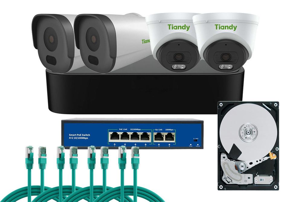 Kit de supraveghere complet Tiandy, 2MP, IR 50m, Microfon, PoE, NVR 5 canale, KIT-TN-2MPMIXFULL