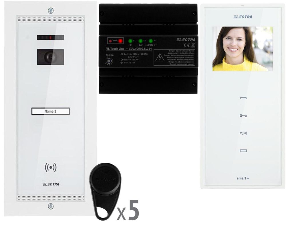 Kit videointerfon Electra, 1 familie, montaj ingropat, monitor 3,5", 5 x tag-uri, alb