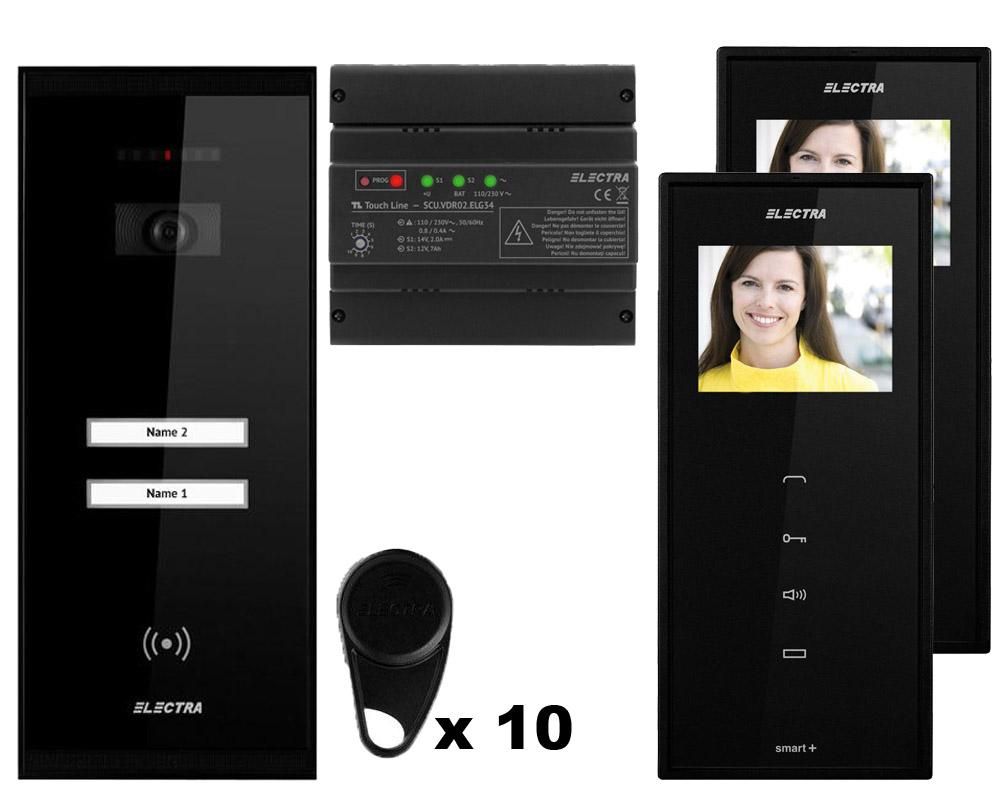 Kit videointerfon Electra, 2 familii, monitor 3.5 inch, montaj ingropat, 10 x taguri, negru