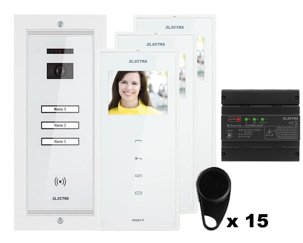 Kit videointerfon Electra, 3 familii, monitor 3.5 inch, montaj ingropat, 15 x taguri, alb