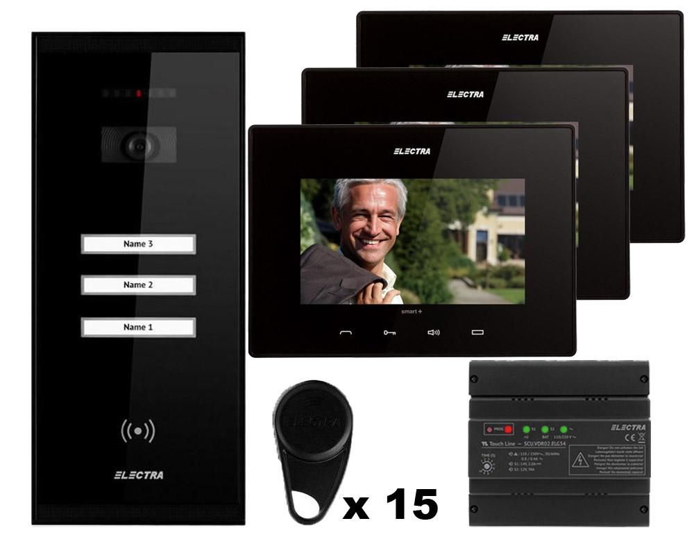 Kit videointerfon Electra, 3 familii, monitor 7 inch, montaj ingropat, 15 x taguri, negru
