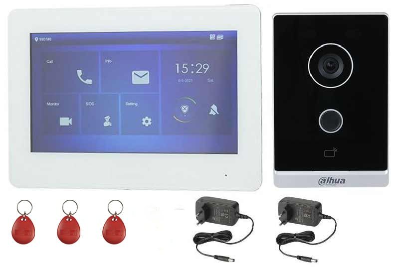 Kit videointerfon IP cu post extern wireless, HD acces card Mifare, monitor 7 inci cablat, Dahua KITMM72AA