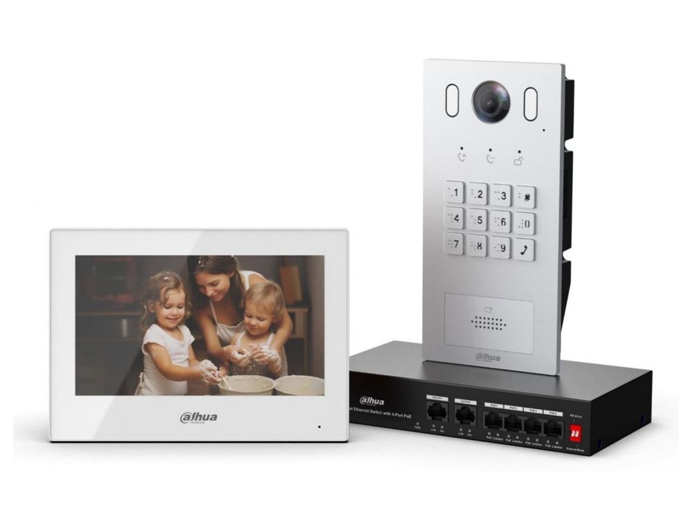 Kit videointerfon IP Dahua KTP05, camera 2 MP, monitor 7 inch, PoE, card/PIN, audio bidirectional, control acces din aplicatie, IP65