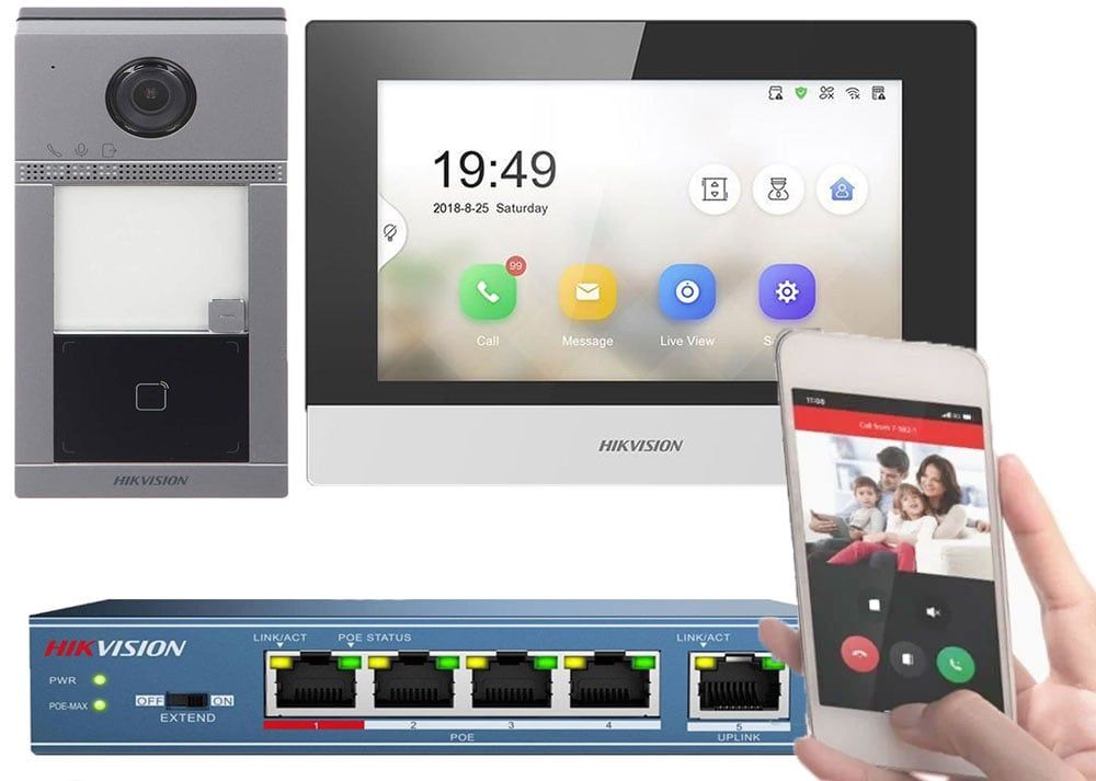 Kit videointerfon IP Hikvision, o familie, 2MP, PoE, montaj aparent, Monitor 7 inch, Touchscreen, card microSD, DS-KIS604-S-(C)