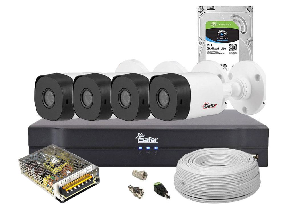 Kit video complet cu 4 camere exterior 5MP Safer, accesorii incluse + HDD 2TB