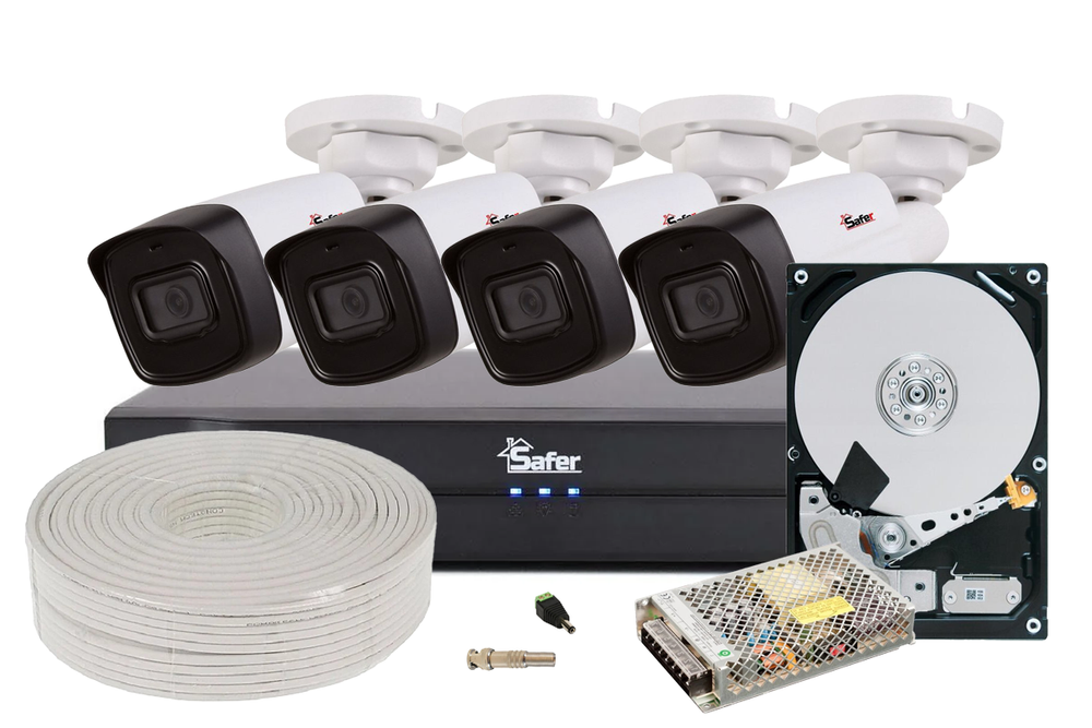 Kit supraveghere exterior, 4 camere 5MP IR si LED alb, Audio + DVR 4 canale AI Safer, HDD 1TB, KIT4DHFHD80-TW-1