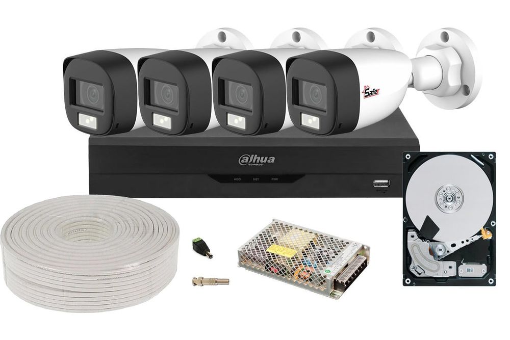 Kit complet de supraveghere exterior, 4 camere Full HD, Iluminare duala 20m, lentila 2.8mm, Dahua KIT4EXT20IRDAH