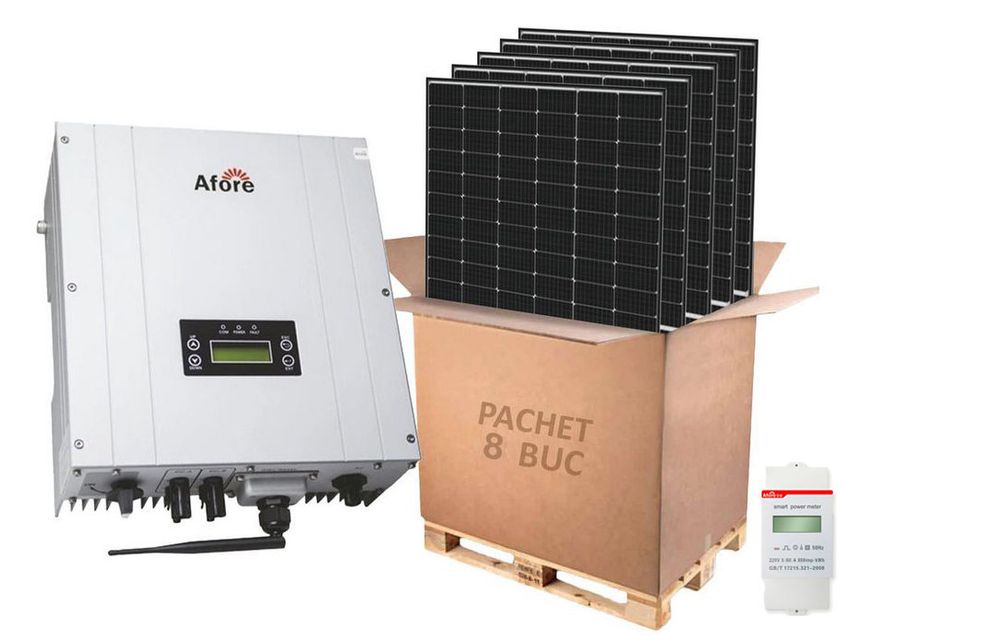 Kit solar invertor ON-GRID 3KW, 2MPPT, 8 panouri fotovoltaice si contor de energie, Afore HNS3000TL-2+LR4+SMART