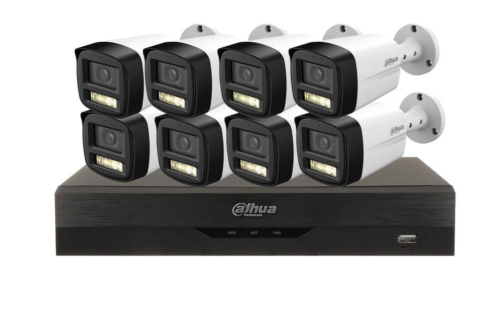 Kit de supraveghere 8 camere exterior 5MP, IR si LED alb, Microfon si DVR 8 canale, Dahua KIT8C2MPEXT-I3