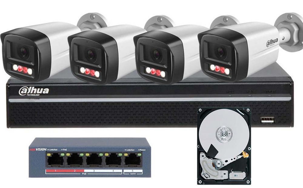 Kit de supraveghere IP 4 camere exterior 4MP, Iluminare Duala IR si LED alb 30 metri si NVR 4 canale, KITPOE2MPEXT