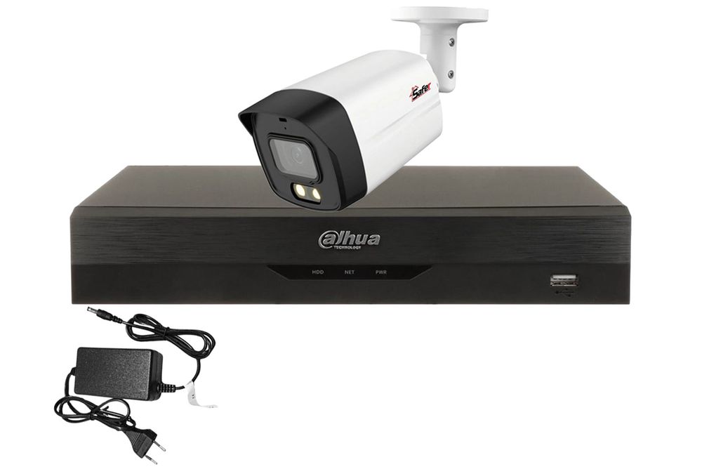 Kit de supraveghere video de exterior, 1 camera 5 MP, LED alb 40 m, DVR 4 canale, Dahua, KITSAF-1X-5MP28I40