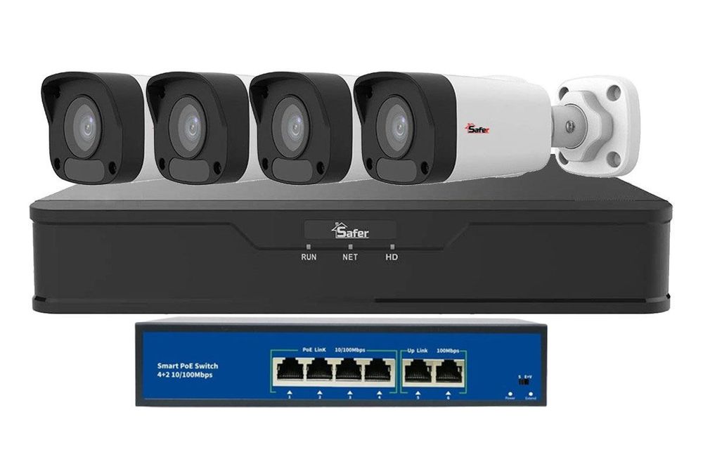 Kit de supraveghere video IP de exterior, 4 camere 2 MP, IR 30 m, NVR 4 canale, Safer, KITIP-4X-2MP2830