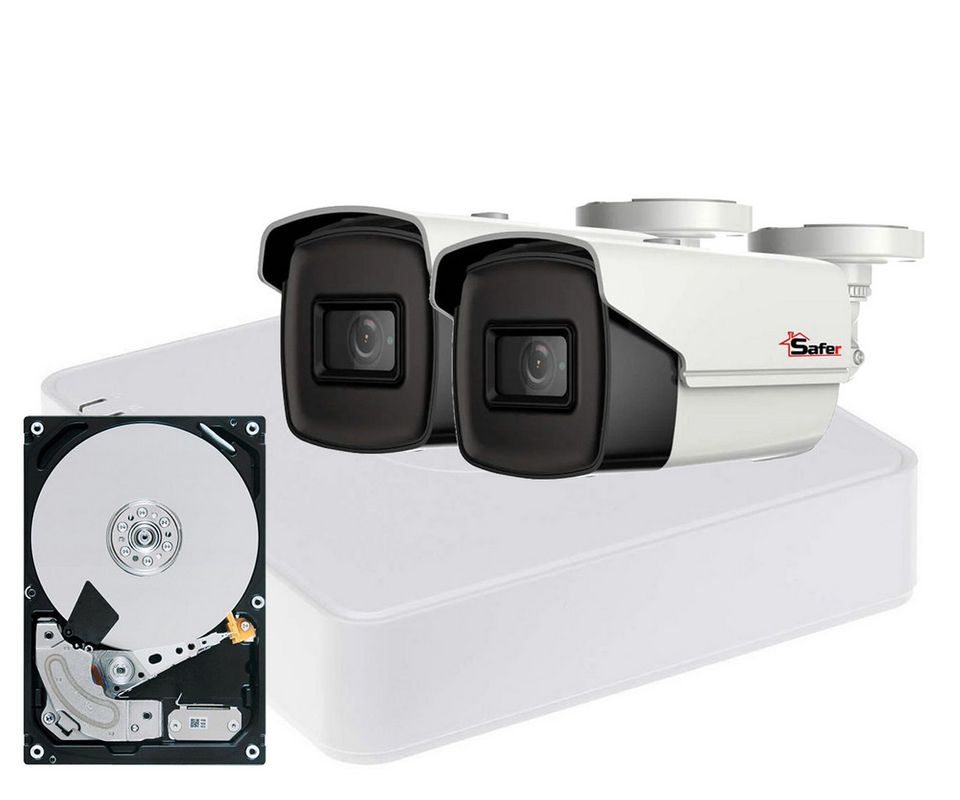 Kit de supraveghere video pentru exterior, 2 camere, 2 MP, IR 80 m, Safer, DVR 4 canale, HDD 1TB Hikvision, KITSAF2X-PRO-5MP8036HDD