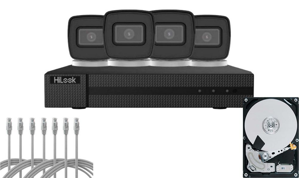 Kit supraveghere IP HiLook Hi-NK-4288B, 4K, 4 camere bullet, IR 30m, IP67, NVR 8 canale PoE, 1x SATA