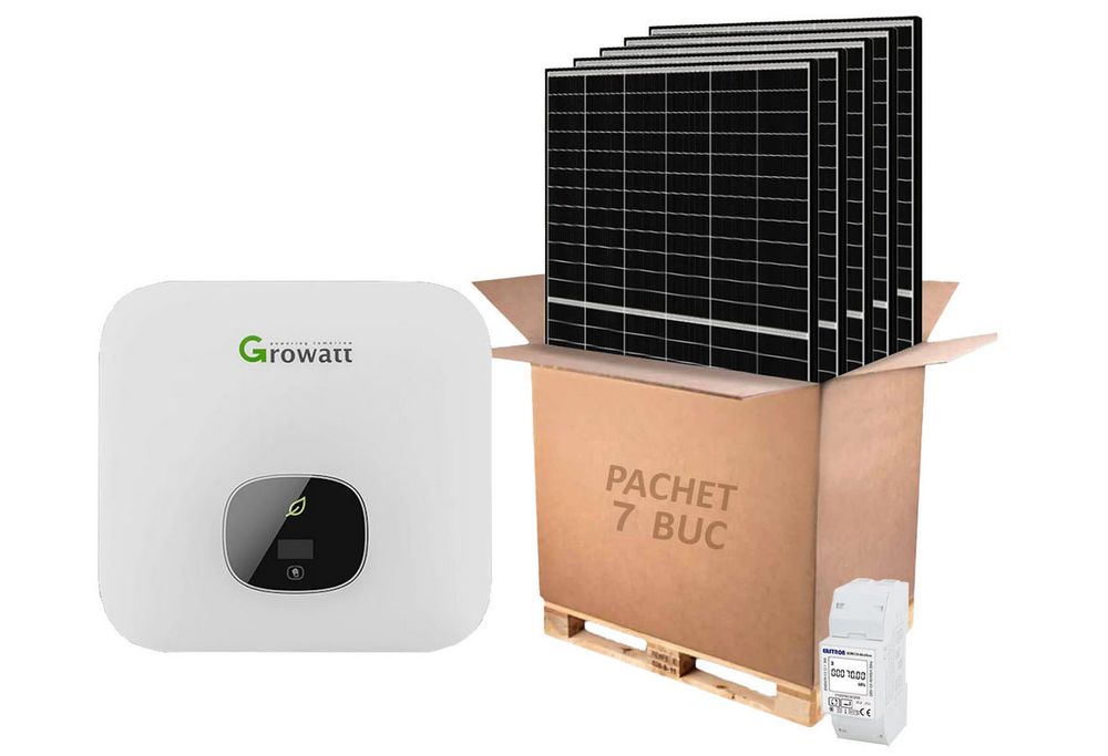 Kit invertor monofazat 3kW, contor inteligent monofazat, 7 panouri fotovoltaice, Growatt KITMIC3000