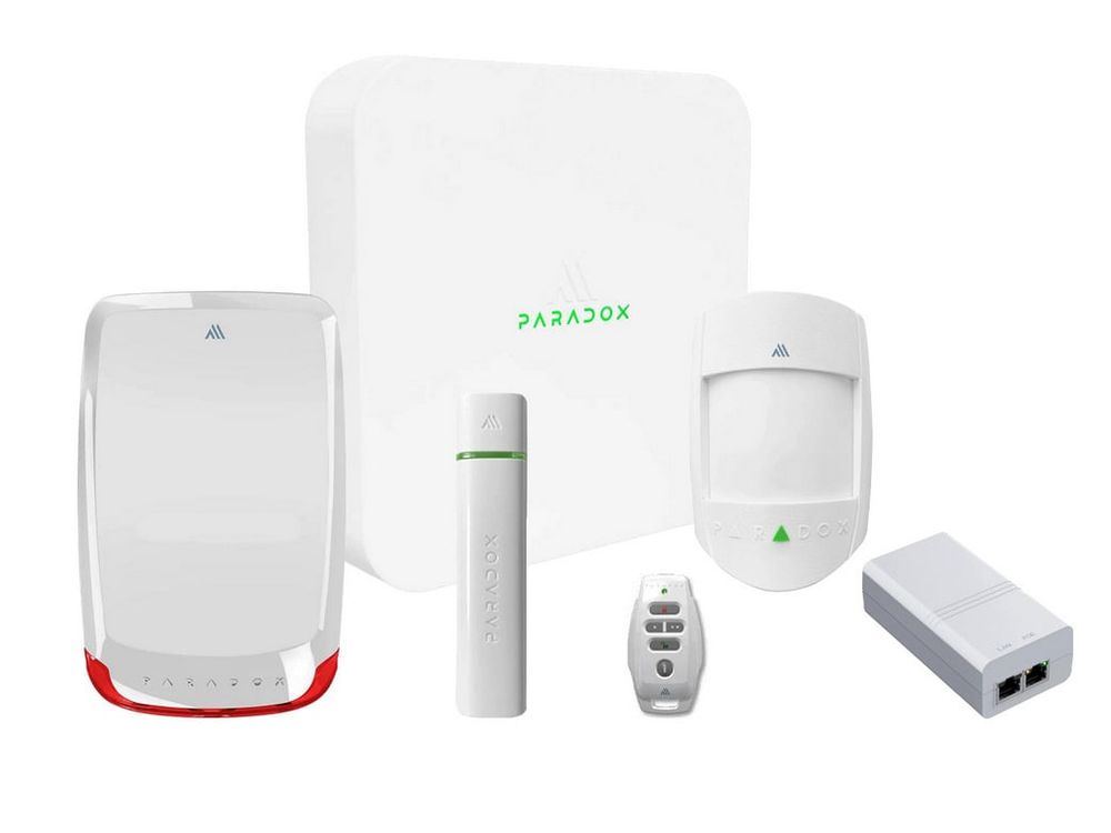 Sistem alarma wireless de exterior Paradox KIT M2, 100 zone, 868MHz, centrala hibrida, detector PIR, contact magnetic, sirena, injector, telecomanda