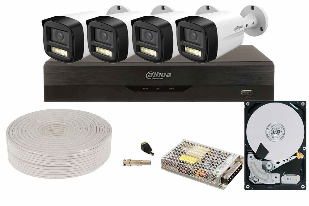 Kit complet supraveghere video, DVR, 4 camere, 5MP, lentila 3.6mm, IR si LED alb, HDD 2TB, Dahua, KITDAH5MP40EXTACC-2TBW