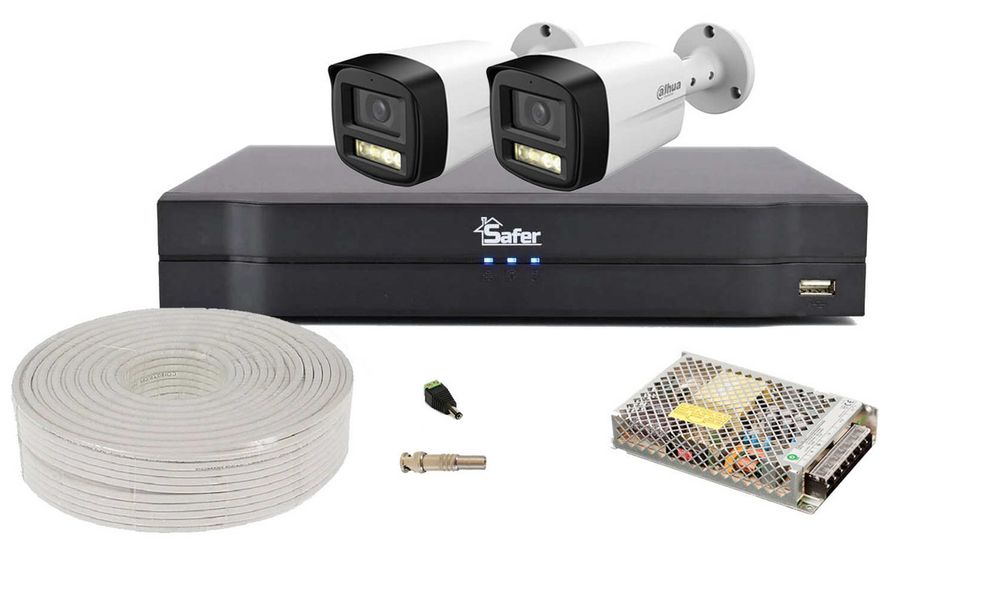 Kit de supraveghere pentru exterior, 2 camere bullet, Starlight, 5MP, DVR 4 canale, Functii AI, Accesorii incluse, Safer KITSAF2X-5MP80F36-A-ACC
