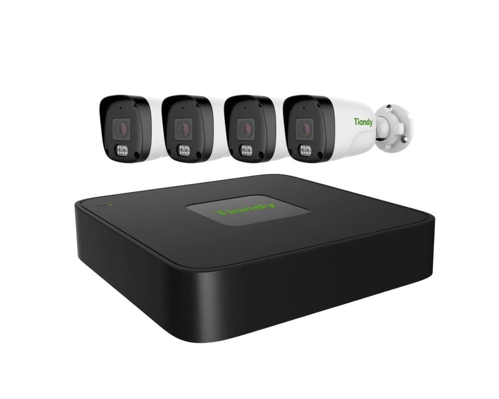Kit supraveghere IP Tiandy, camere 2MP, lentila 2.8mm, iluminare IR + LED alb, DWDR Smart IR 3D DNR BLC HLC Defog, microfon integrat, suport HDD pana la 6TB, alimentare PoE, IP67, KITIP4CFHDT