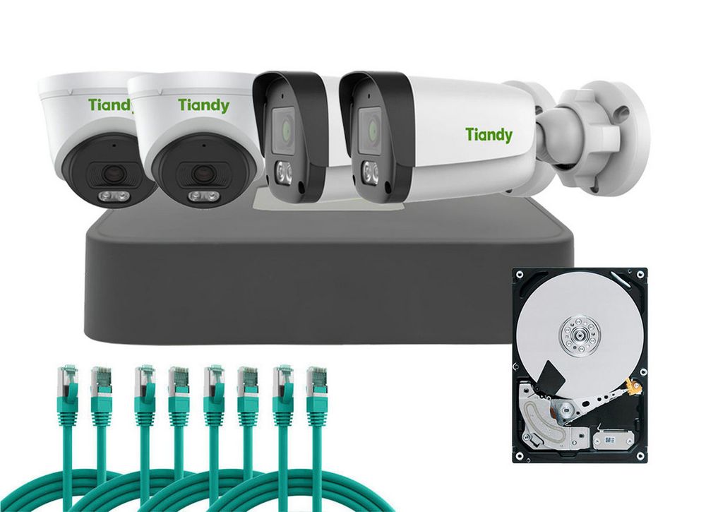 Kit supraveghere complet Tiandy, 4 camere de 4MP 2K, IR 30, Microfon, KIT-TN4MPMIXPOEFULL