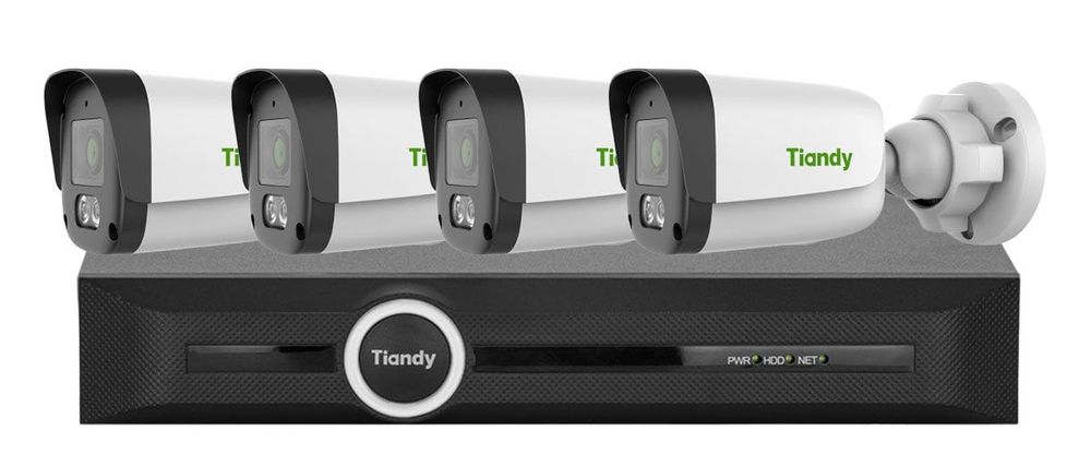 Kit supraveghere IP exterior Tiandy Color Maker, 4x camere FULL HD, Iluminare LED alb 15m, Audio, NVR 5 canale, KIT-TN2MPCMK