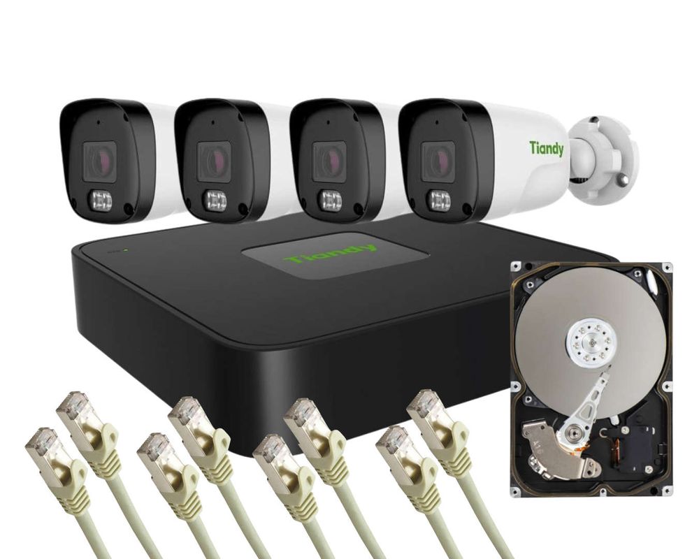Kit supraveghere IP, camere 2MP 2.8mm, iluminare IR + LED alb, DWDR Smart IR 3D DNR, microfon integrat, HDD 1TB, NVR 4 canale 5MP cu PoE, IP67, KITIPFULL4CFHDT