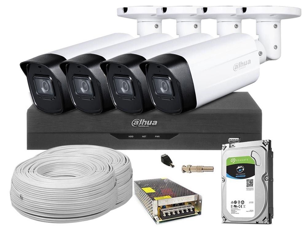 Kit complet 4 camere de exterior, Full HD, IR 40m, cu DVR Dahua AI