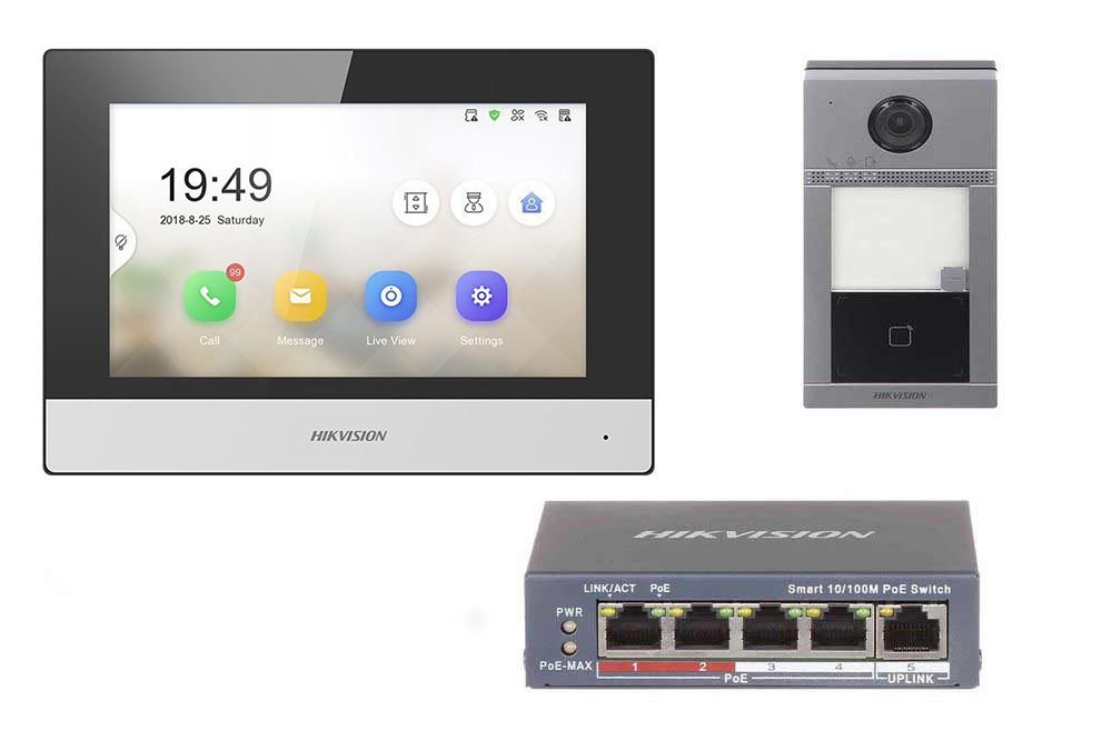 Kit videointerfon Hikvision, montaj aplicat, monitor 7 inch, PoE, KIT-VI-HIK-7-P