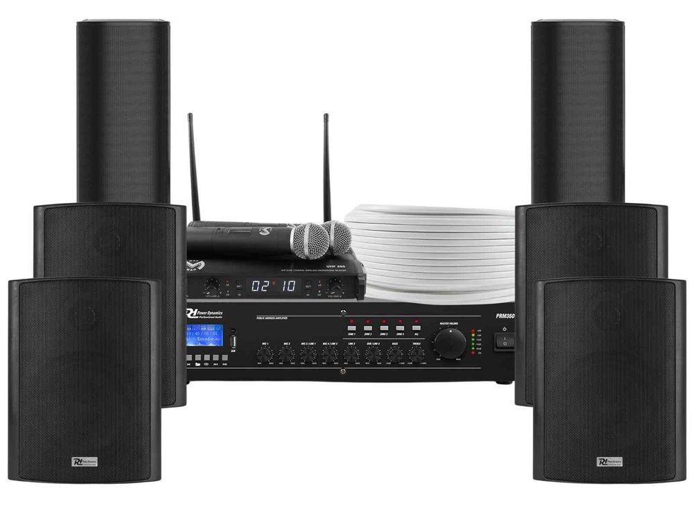 Sonorizare biserica pentru interior-exterior, statie cu 2 microfoane wireless, amplificator, 4 boxe perete, 2 difuzoare PA, KITBIS6040B