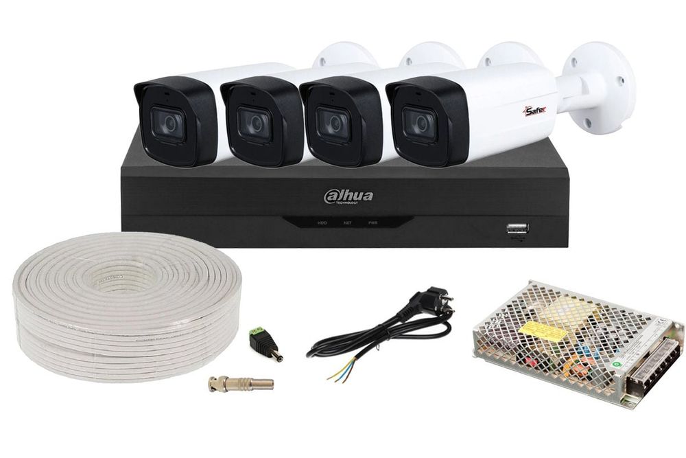 Kit de supraveghere pentru exterior 2MP (FULL HD), IR 80m, 4 camere si DVR cu AI, DAHUA KITDAH5MP80EXTACC-M