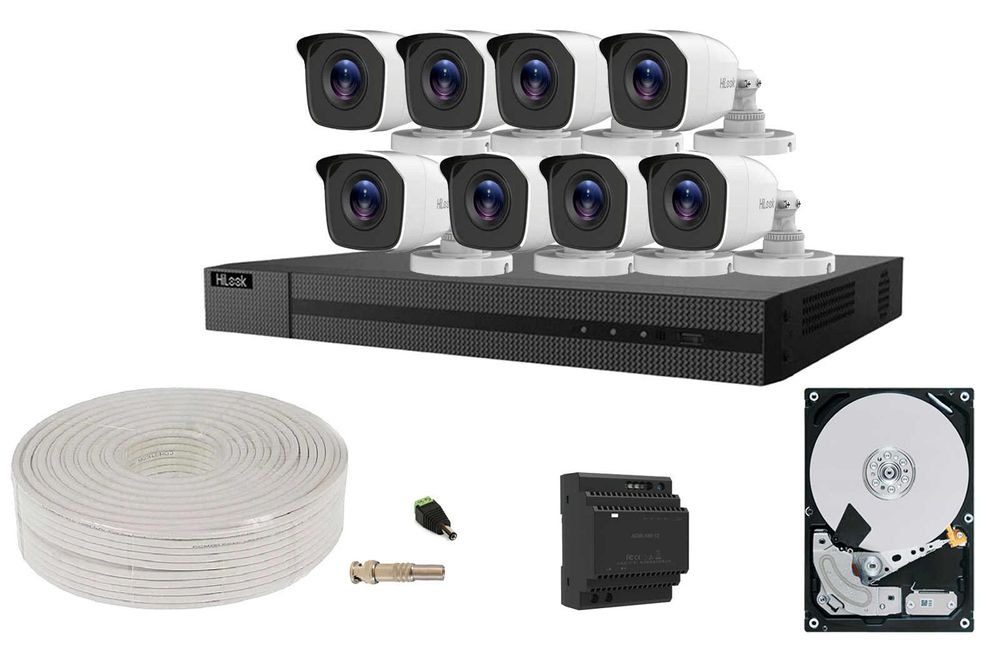 Kit supraveghere HDTVI Hikvision HiLook, 4 camere exterior, 2MP, DVR 4 canale, HDD si accesorii, KITDVR4CAMHDD-ACC