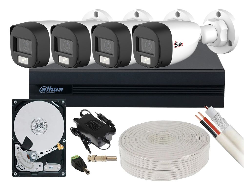 Kit sistem de supraveghere HDCVI, 4 camere 2MP, LED alb 20m, DVR 4 canale, Dahua Eco Series, HDD, KITECO-4X-2MPLED20M-HDD