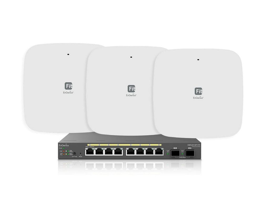 Kit 1x switch PoE 55W si 3x access point Dual Band, Wi-Fi 6, cu management, EnGenius KitFITOfficePower