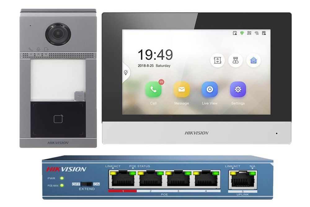Kit videointerfon IP Hikvision, o familie, 2MP, PoE, montaj aparent, DS-KIS604-S