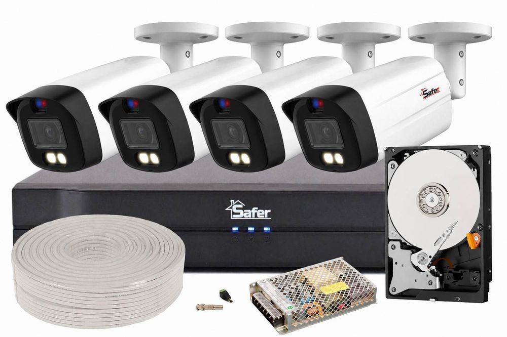 Kit complet de supraveghere video Safer, 5 MP, 4 camere, Iluminare Duala 40m, DVR 4 canale, HDD 2 TB, KITSAF-4X-5MP28IL40ACCHDD