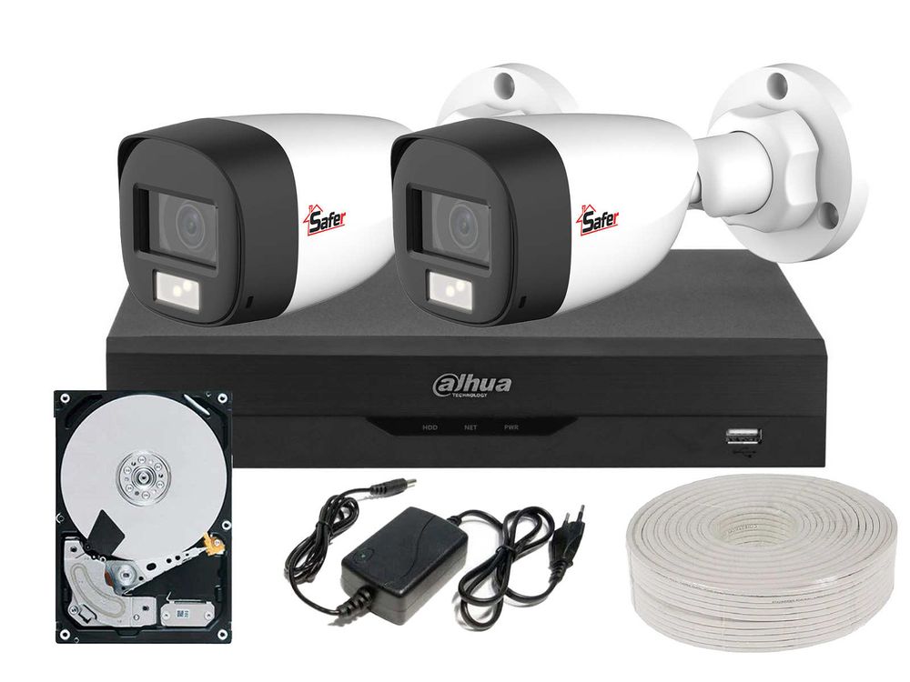 Kit de supraveghere pentru exterior, 2 camere bullet, 2MP, DVR 4 canale, Alimentator, HDD inclus, Dahua KITSAF2X-2MP2028U-HDD