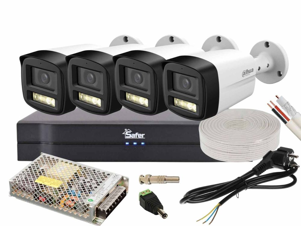 Kit de supraveghere pentru exterior, 4 camere Bullet, 5MP, DVR 4 canale, Functii AI, Accesorii incluse, Safer KITSAF4X-5MP80F36-A-ACC